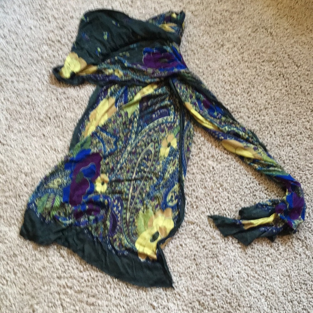 Scarf,  green purple gold print.